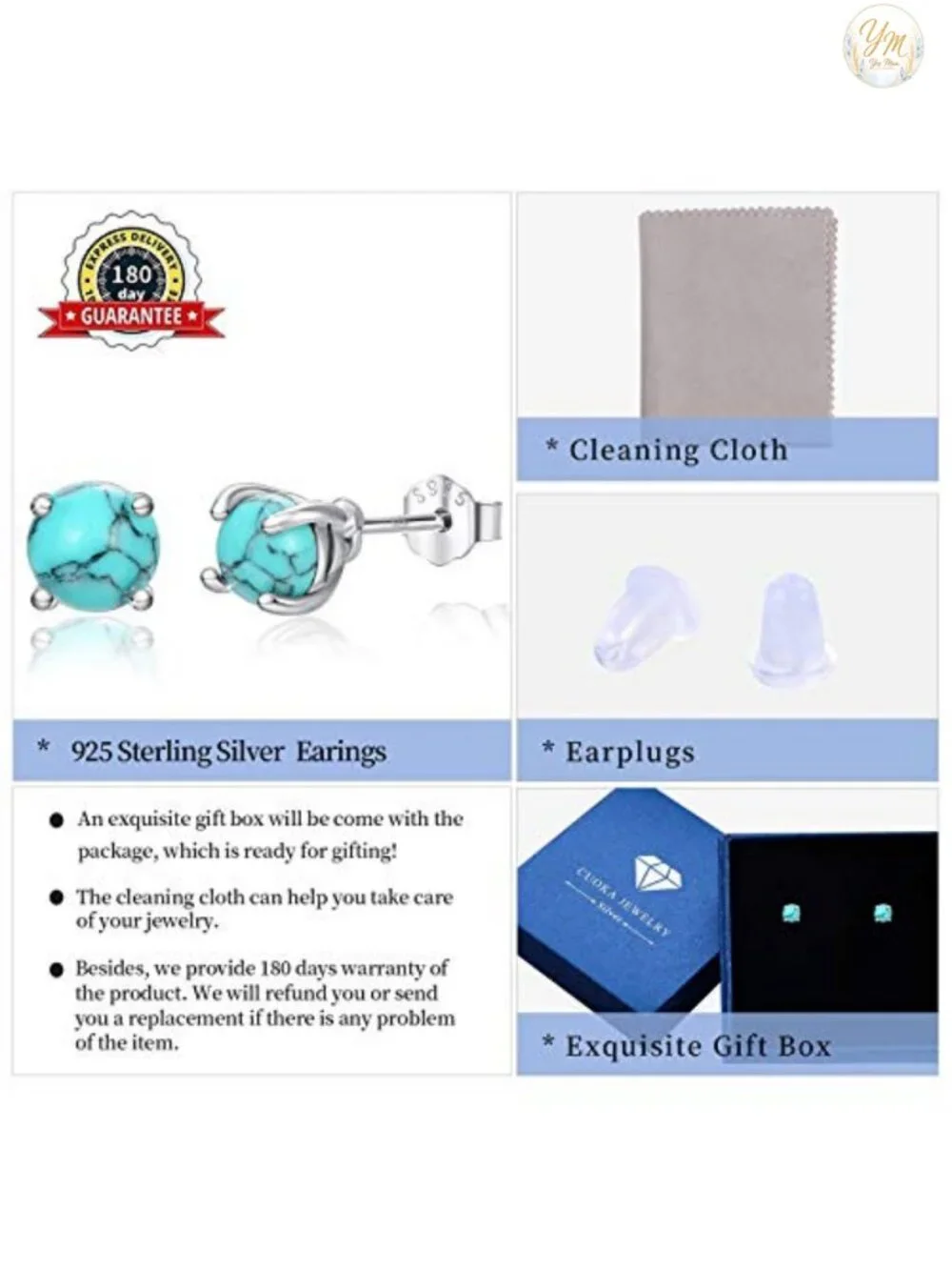 925 Sterling Silver Turquoise Stud Earrings Screw Back Tiny Round Earrings Gift